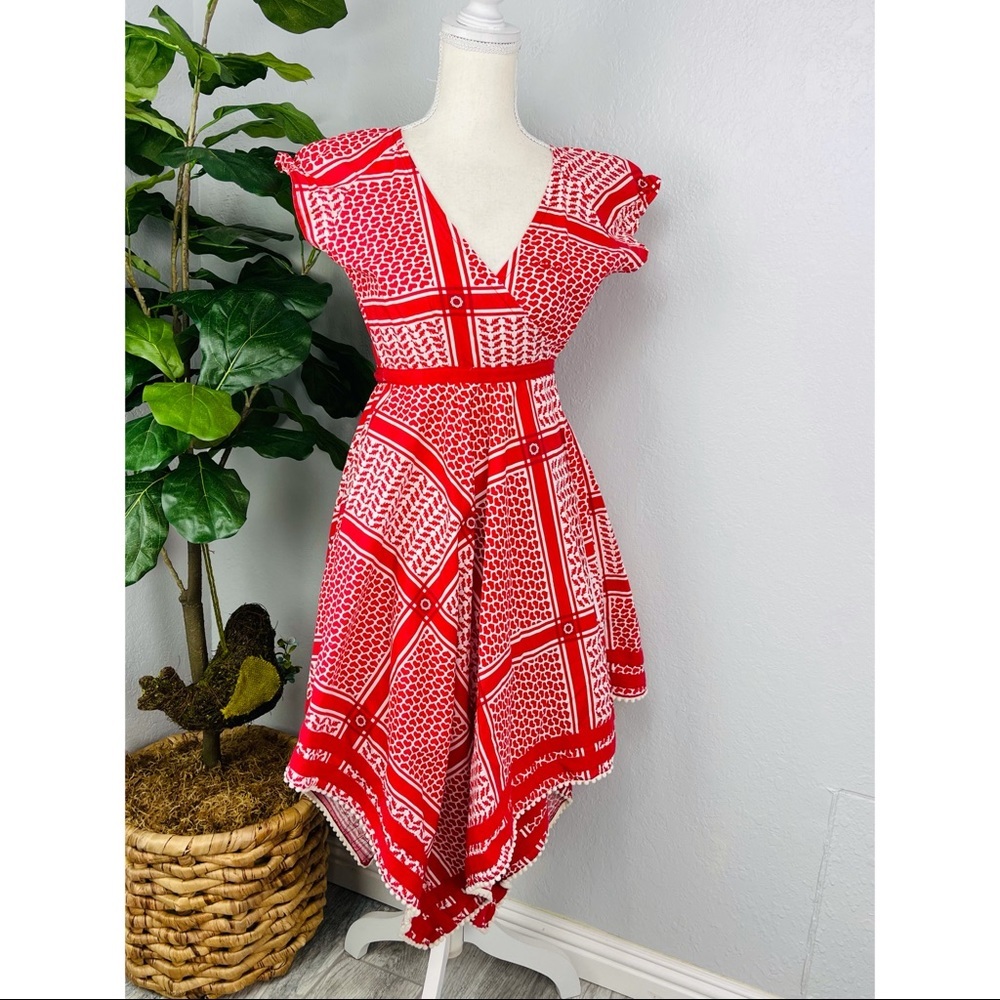 GSUS VINTAGE RED HEART VALENTINES CUPID ASYMMETRICAL WRAP DRESS WITH POM POM HEM